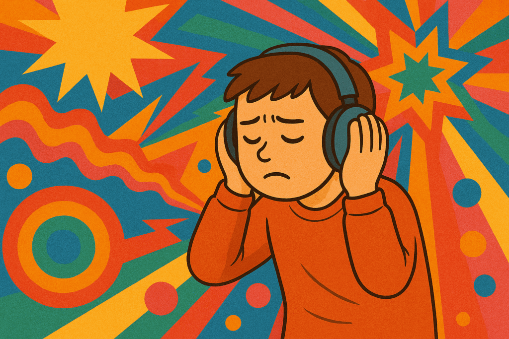 Ein symbolisches, comicartiges Bild zeigt einen Jungen mit Kopfhörern, der sich sichtlich überfordert fühlt. Der Hintergrund ist ein grelles, chaotisches Muster – eine visuelle Darstellung sensorischer Reizüberflutung.